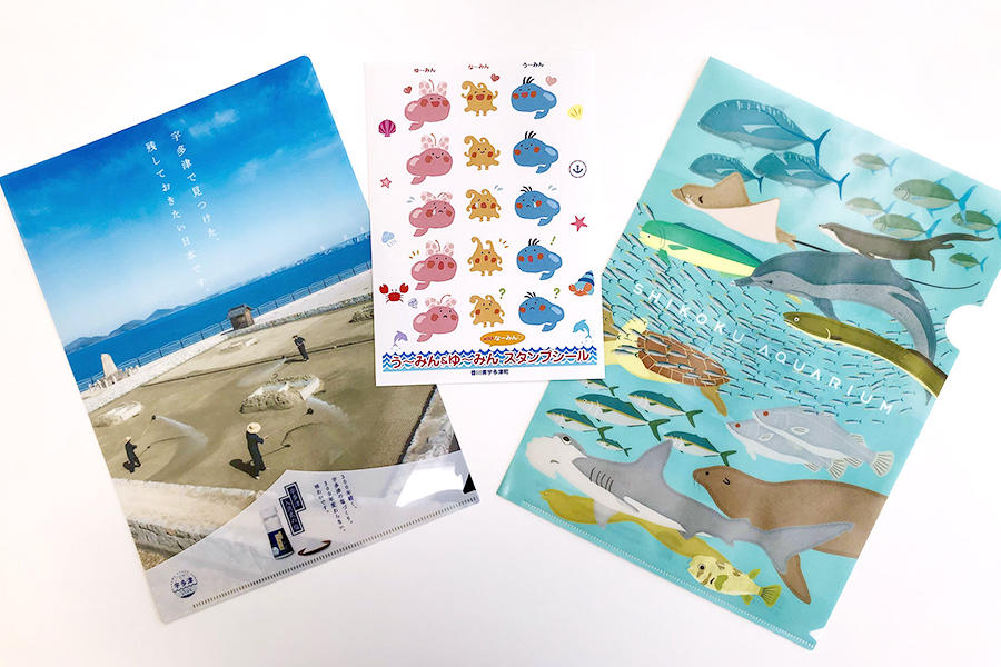 宇多津町オリジナルクリアファイルとスタンプシールステッカー